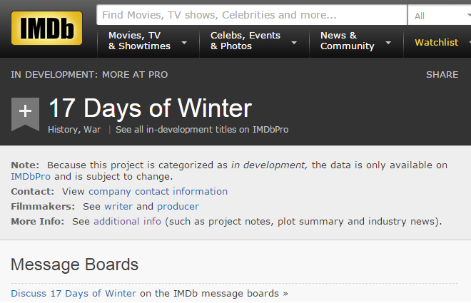 在IMDB网站上，电影《17 days of Winte》的进展仍杳无音讯